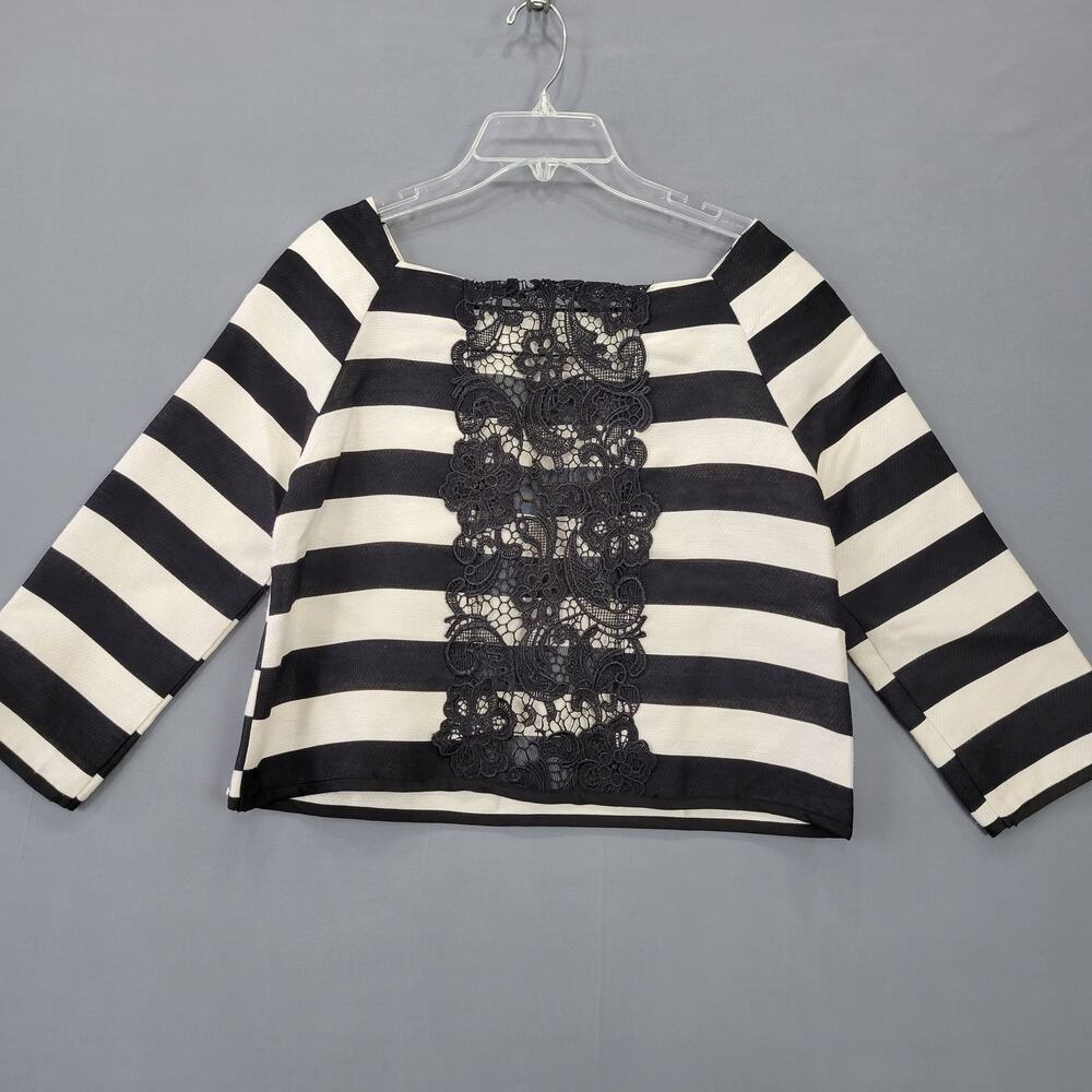 Line & Dot Tan Black Stripe Shirt Crop Top Lace 3/4 Sleeves Square Neck Women S